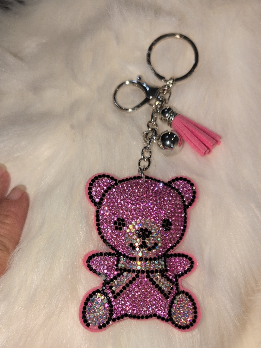 Pink Glitter Teddy Bear Keychain  Bag Charm Silver Hardware